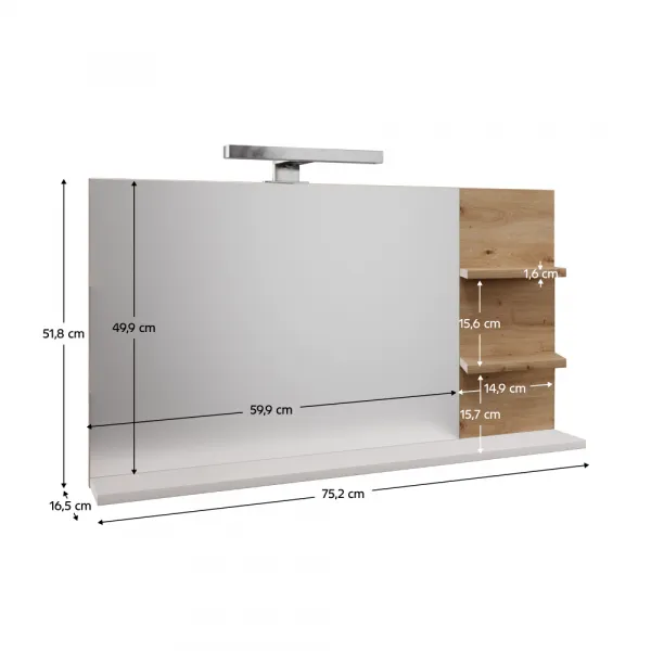 Zrkadlo s LED osvetlením, biela/dub artisan, CUBO CUB04