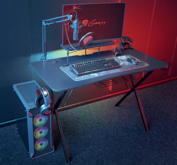 Genesis Holm 300 RGB - herní stůl s RGB podsvícením, 3xUSB 3.0, bezdrátová nabíječka mobilů