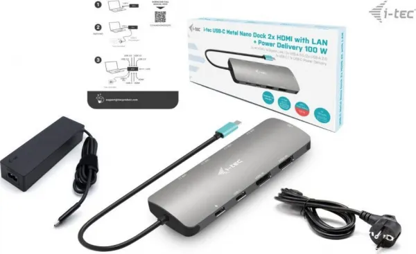 i-tec USB-C Metal Nano 2x HDMI Docking Station, PD 100W + Charger 100W (bundle)