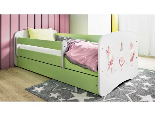 Kocot kids Detská postieľka Babydreams zajačiky zelená, variant 80x180, se šuplíky, s matrací
