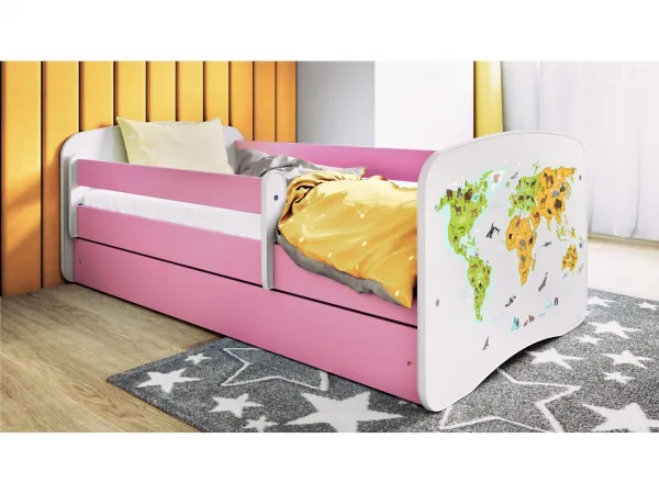 Kocot kids Detská posteľ Babydreams mapa sveta ružová, variant 80x180, se šuplíky, s matrací