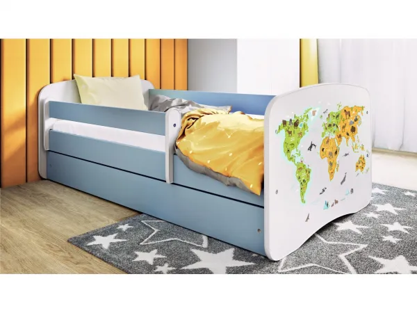 Kocot kids Detská posteľ Babydreams mapa sveta modrá, variant 80x180, se šuplíky, s matrací