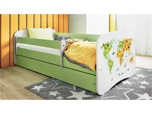 Kocot kids Detská posteľ Babydreams mapa sveta zelená, variant 70x140, se šuplíky, s matrací