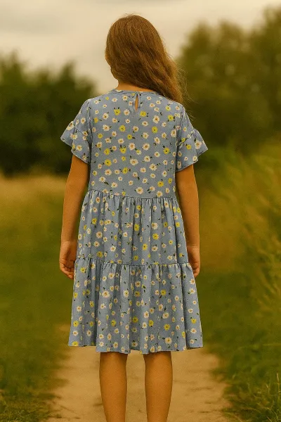 Fashionkids Dievčenské modré šaty s margarétkami – letný pohodlný strih Farba: Modrá, Veľkosť: 146