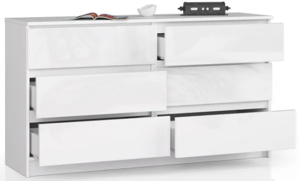 Ak furniture Komoda Kuba 140 cm 6 zásuviek biela lesklá