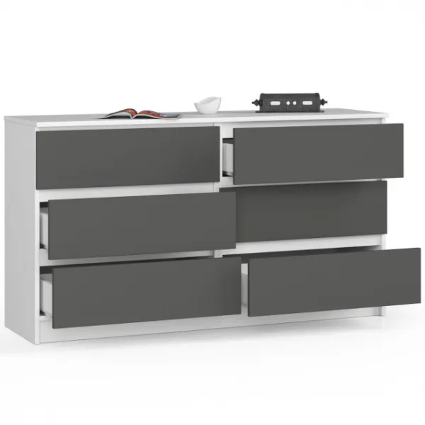 Ak furniture Komoda Kuba 140 cm 6 zásuviek biela/grafitová