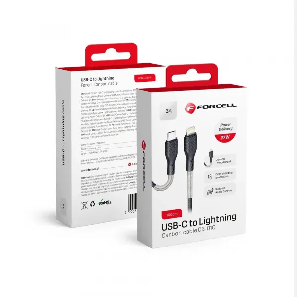 Forcell Carbon kábel, USB-C - Lightning, Power Delivery, PD27W, CB-01C, čierny, 1 m