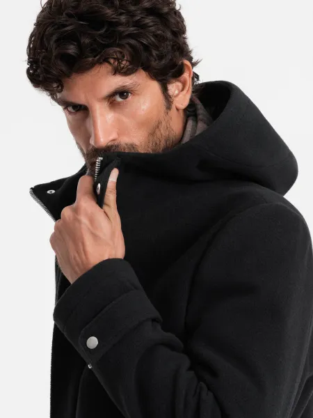 Ombre Men's long monochrome hooded coat - black
