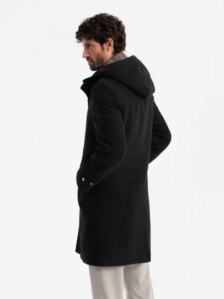 Ombre Men's long monochrome hooded coat - black