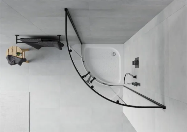 MEXEN/S - Rio štvrťkruhový sprchovací kút 70 x 70, transparent, čierna + vanička Rio 863-070-070-70-00-4710
