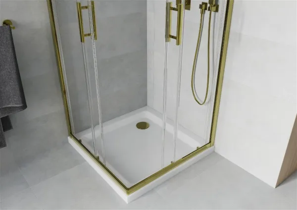 MEXEN/S - Rio sprchovací kút štvorec 80x80, transparent, zlatá + biela vanička so sifónom 860-080-080-50-00-4010G
