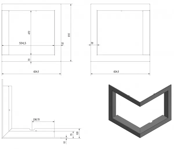 Kratki | Montážny rámik 90°- 70mm pre krbové vložky VN 480/480 BLENDA70/VNL/480/480