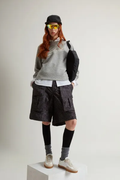 Mikina Woolrich Mouline' Fleece Crewneck Medium Grey Logo