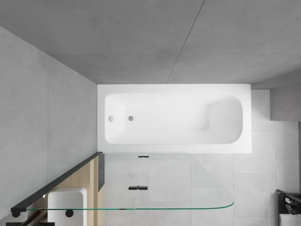 MEXEN/S - Vega obdĺžniková vaňa 150 x 70 cm s panelom + vaňová zástena 100, transparent, čierna 550115070X9010027000