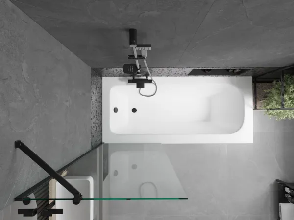 MEXEN/S - Vega obdĺžniková vaňa 150 x 70 cm s panelom + vaňová zástena 70, transparent, čierna 550115070X9507000070