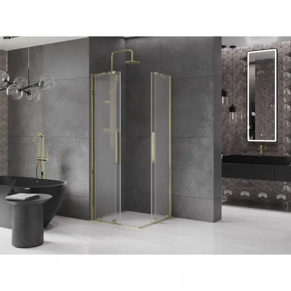 MEXEN/S - Velar Duo sprchovací kút, posuvné dvere 100 x 100, dekor, zlato 871-100-100-32-50