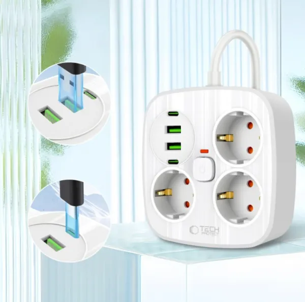 Tech-Protect PCS3X4 Predlžovací kábel 2x USB / 2x USB-C / 3 zásuvky, 2m Biely