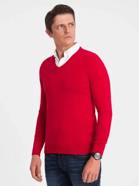 Pánsky sveter s V-výstrihom a košeľovým golierom červený