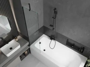 MEXEN/S - Vega obdĺžniková vaňa 150 x 70 cm s panelom + vaňová zástena 50, transparent, čierna 550115070X9505000070