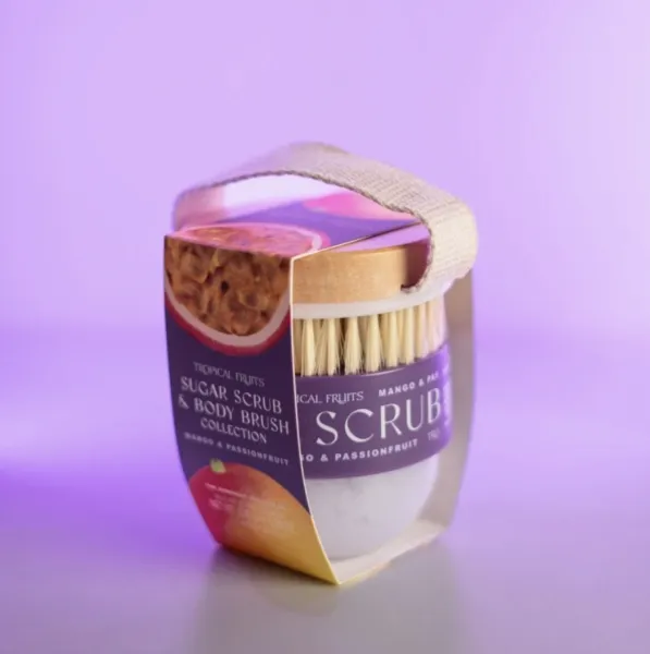 Darčeková súprava cukrového peelingu a masážnej kefy – Mango & Passionfruit