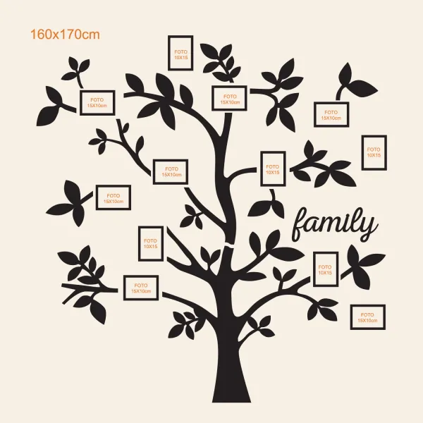Drevený strom na stenu s fotorámikmi - Family