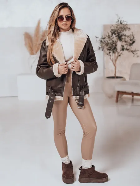 Women's NORFDIMA leather jacket with fur - coffee Dstreet