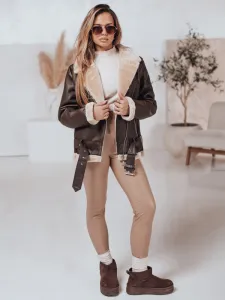 Women's NORFDIMA leather jacket with fur - coffee Dstreet