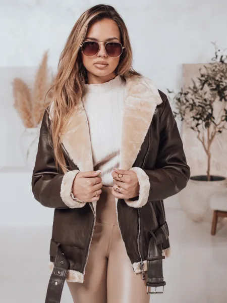 Women's NORFDIMA leather jacket with fur - coffee Dstreet