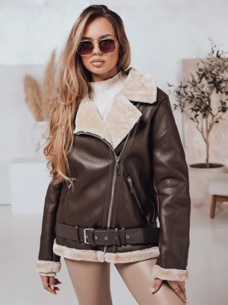 Women's NORFDIMA leather jacket with fur - coffee Dstreet