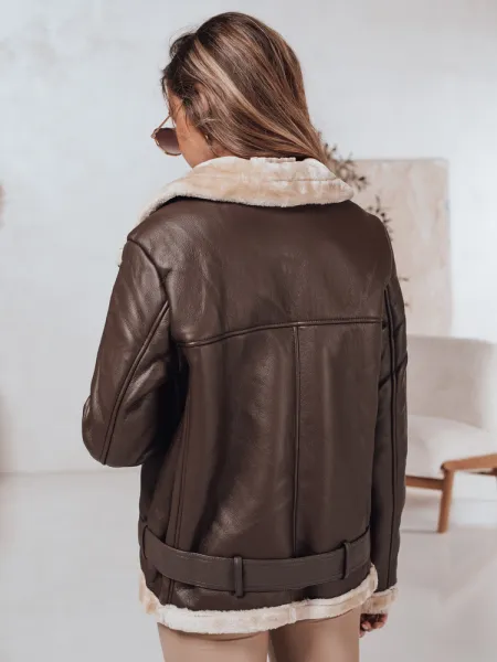 Women's NORFDIMA leather jacket with fur - coffee Dstreet
