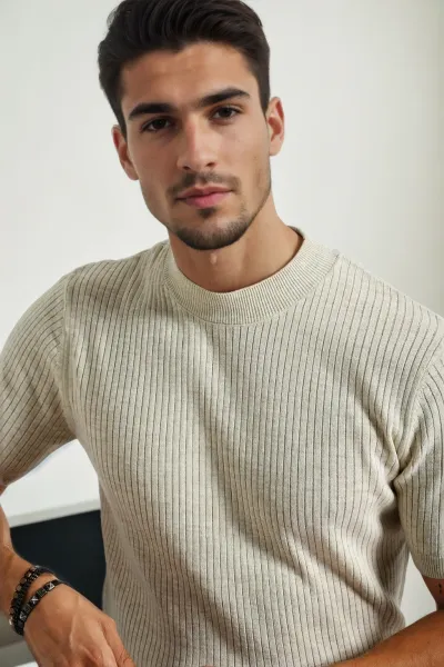 33307 Dewberry Mens Crew Neck Short Sleeve Thin Knit Sweater-BEIGE