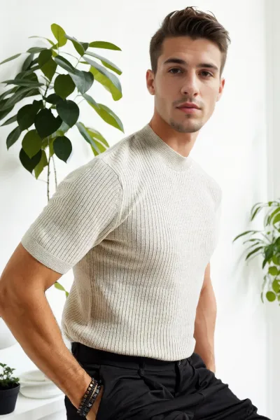 33307 Dewberry Mens Crew Neck Short Sleeve Thin Knit Sweater-BEIGE