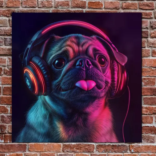 Neónový obraz - Mopslík so slúchadlami
