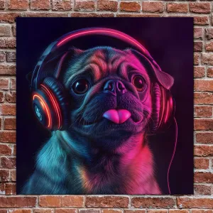 Neónový obraz - Mopslík so slúchadlami