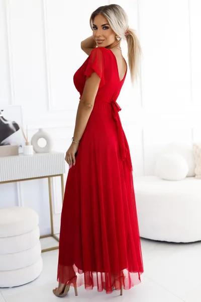 562-7 NASTIA Long dress with a neckline and short sleeves - red