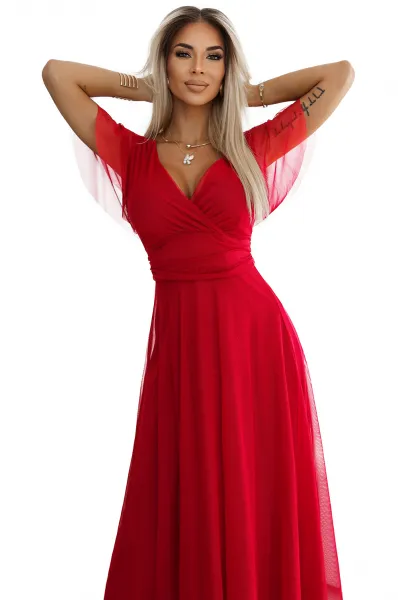 562-7 NASTIA Long dress with a neckline and short sleeves - red