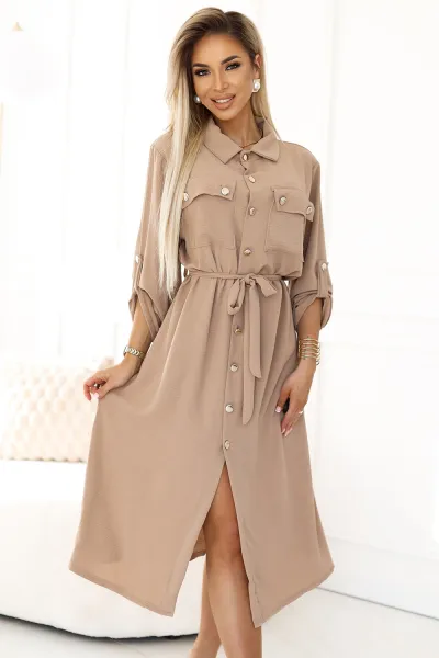 Numoco Dámske košeľové midi šaty 531-1 Farba: Khaki, Veľkosť: UNI