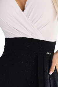 451-3 Shiny dress with short sleeves, neckline and slit on the leg - black and beige with glitter