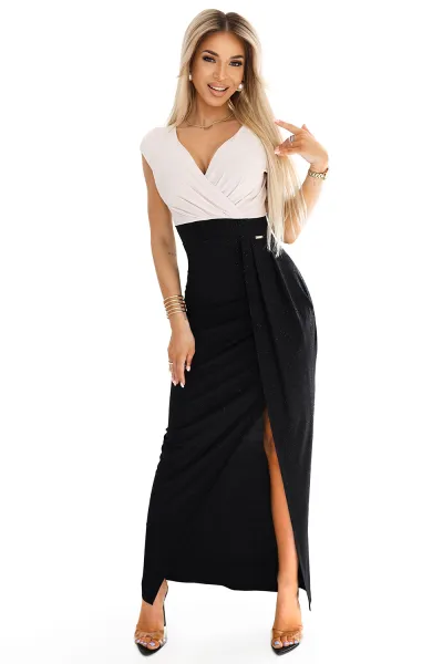 451-3 Shiny dress with short sleeves, neckline and slit on the leg - black and beige with glitter