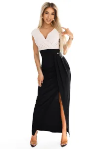 451-3 Shiny dress with short sleeves, neckline and slit on the leg - black and beige with glitter
