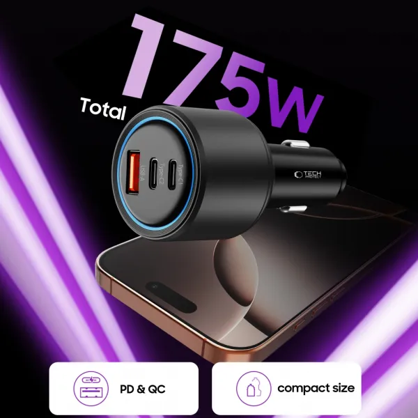 Tech-Protect CC04 autonabíjačka USB / 2x USB-C 175W PD, čierna