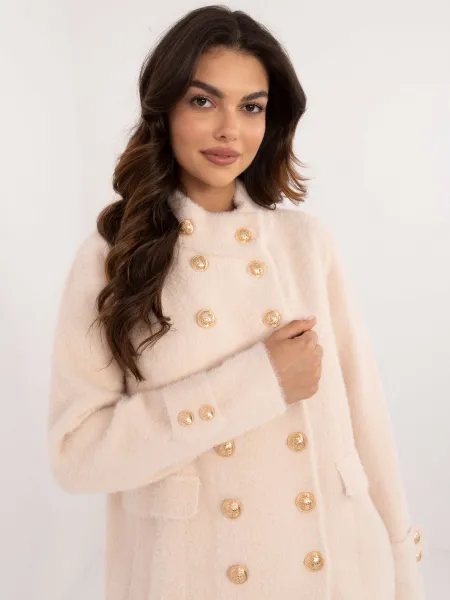 Ecru double-breasted alpaca coat with pockets