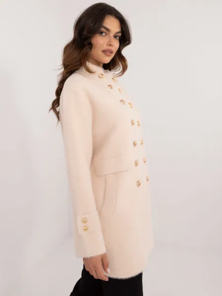Ecru double-breasted alpaca coat with pockets
