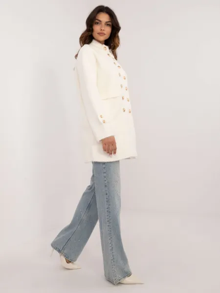 Ecru elegant alpaca coat with stand-up collar