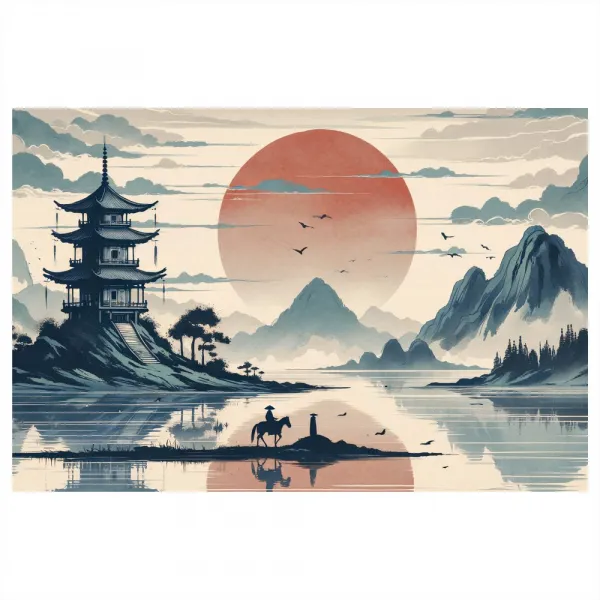 Obraz japonská krajina s jazdcom