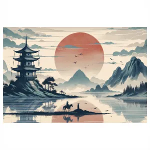 Obraz japonská krajina s jazdcom