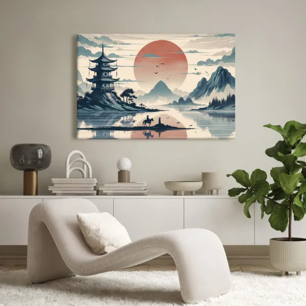 Obraz japonská krajina s jazdcom