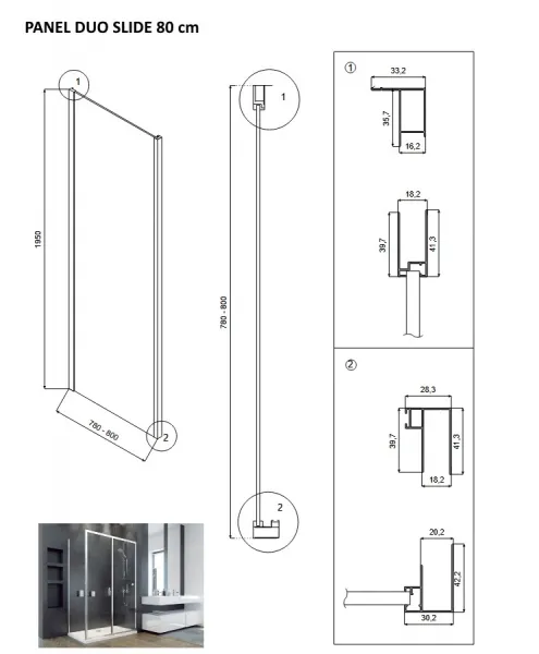 BESCO - Bočný panel DUO SLIDE - Farba rámu zásteny - Hliník chróm, Rozmer A - 80, Rozmer C - 195, Smer zatváranie - Univerzálny Ľavé / Pravé, Výplň - Číre bezpečnostné sklo - 6 mm BCDUOSL80PSCC