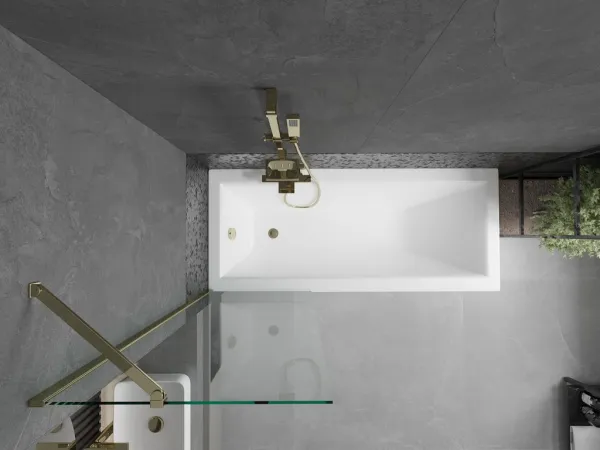 MEXEN/S - Cubik obdĺžniková vaňa 150 x 70 cm s panelom + vaňová zástena 60, transparent, zlatá 550315070X9506000050