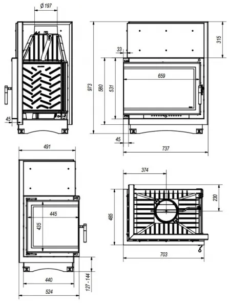 Kratki Zuzia 15 kW BS DECO ľavá bez stĺpika - krbová vložka rohová ZUZIA/L/BS/DECO